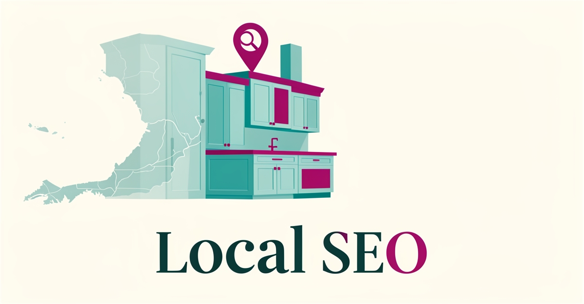 Flat illustration of custom cabinetry with a Nova Scotia map pin and headline reading Local SEO for local visibility.