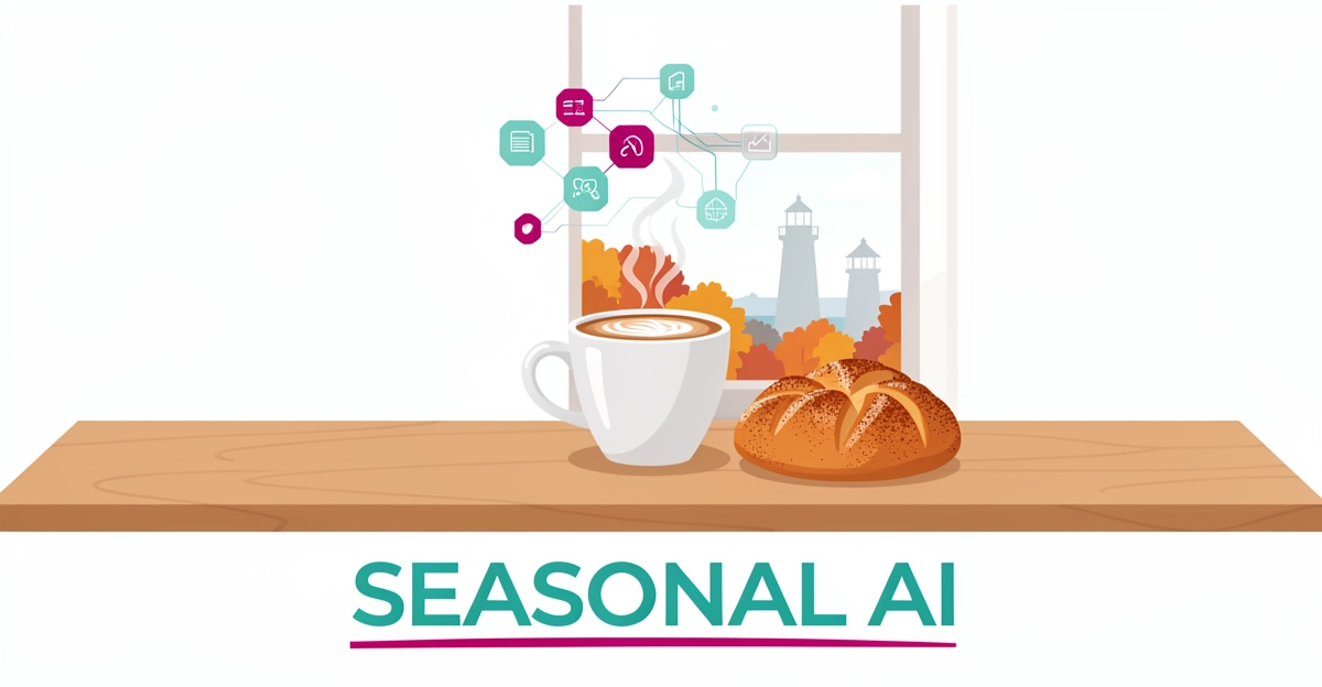 Flat illustration of a coffee and pastry in a Nova Scotia café with AI data motifs, accented in teal and magenta, headlined Seasonal AI.