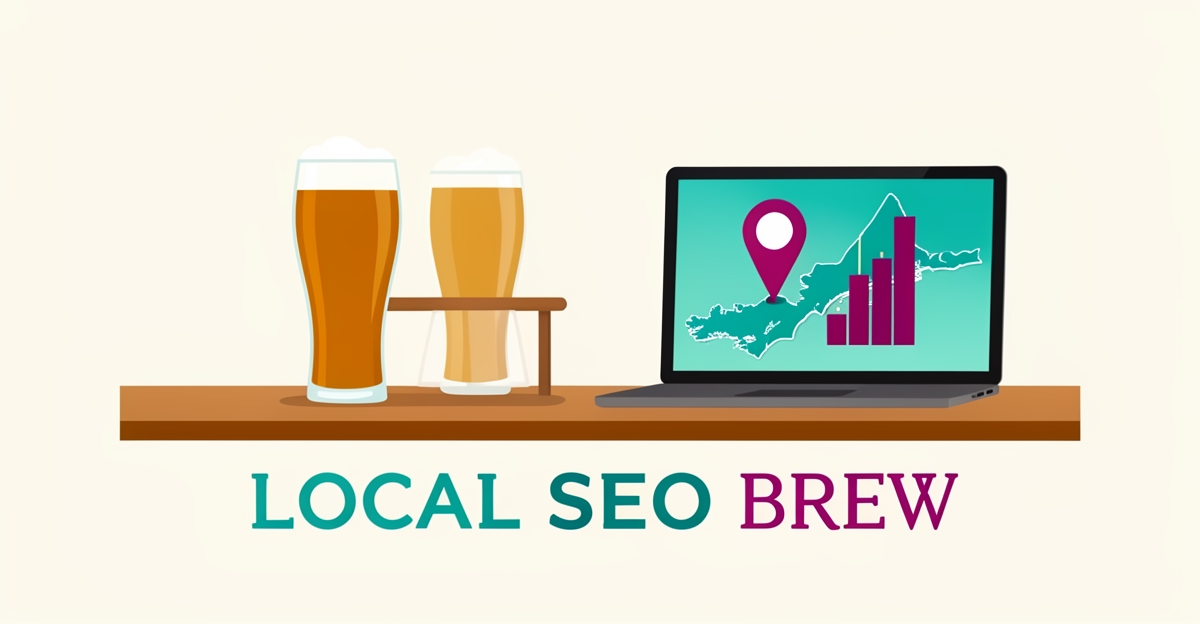 Flat illustration of a craft beer and laptop with a Nova Scotia map and search ranking bars, accented in teal and magenta.