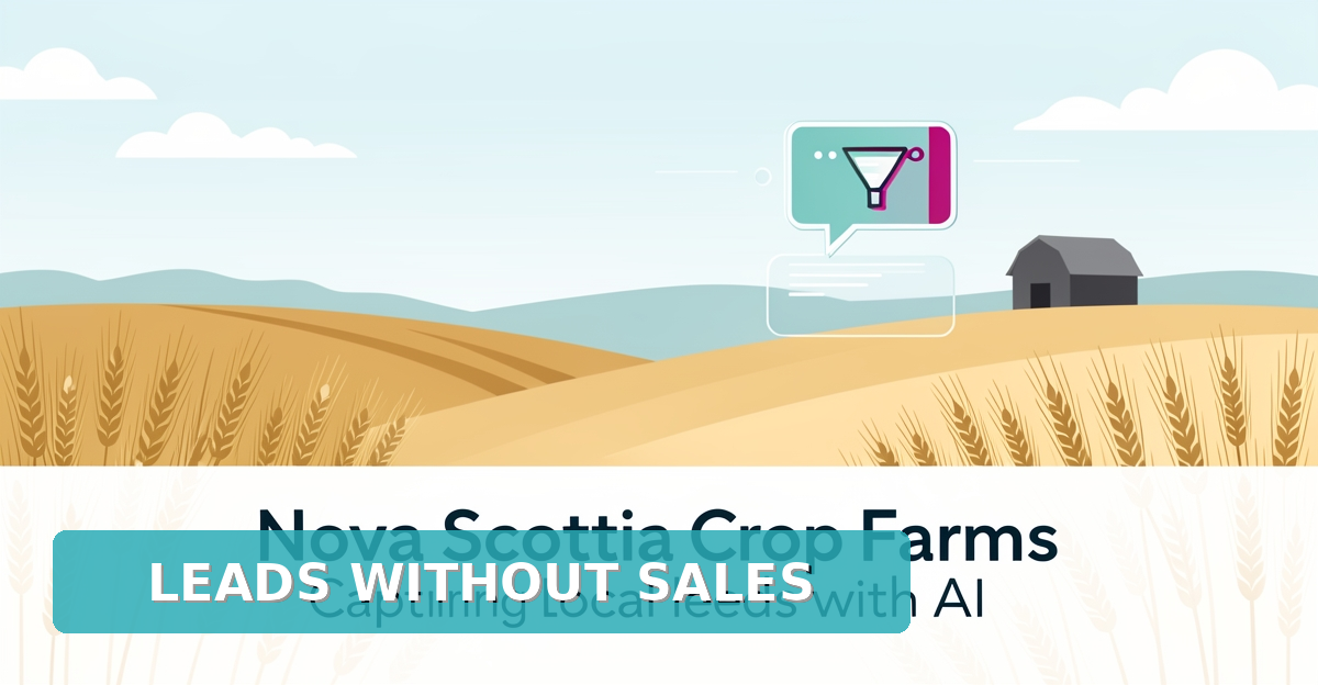 Flat illustration of Nova Scotia farmland with AI chat and lead conversion icons highlighting automated farm lead generation.