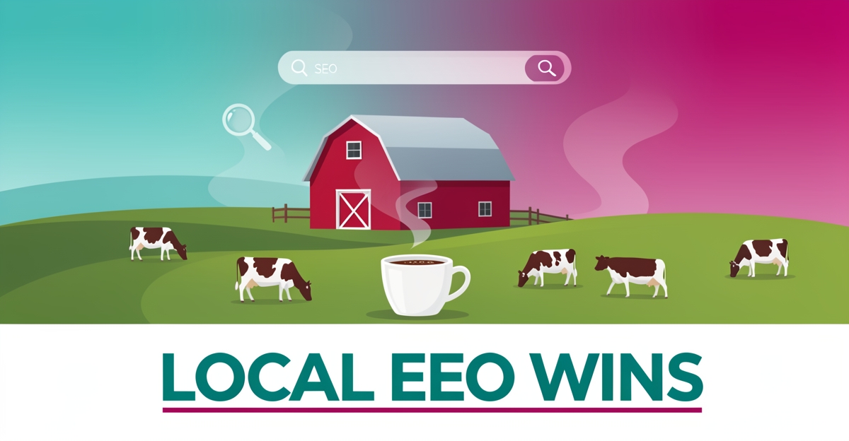 Flat illustration of a Nova Scotia dairy farm with cows, barn, and a steaming hot chocolate mug accented by SEO search icons in teal and magenta.