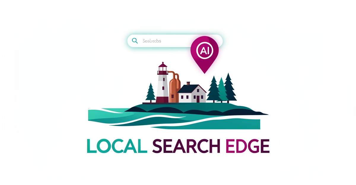 Flat illustration of a Nova Scotia coastal distillery with a lighthouse, copper stills, and a glowing search bar with location pin in teal and magenta.