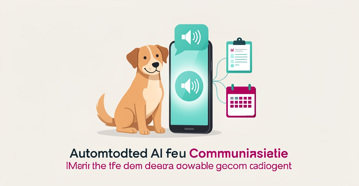 Flat illustration of a dog beside a smartphone with speech bubbles and soundwaves in teal and magenta, symbolizing AI-powered communication for dog training schools.