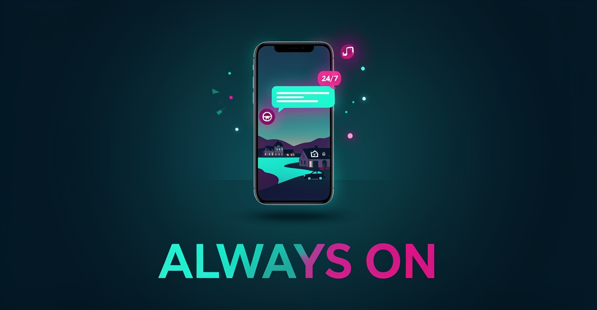 Flat illustration of a glowing AI chat interface over a nighttime Nova Scotia coastal scene with a car, accented in teal and magenta.