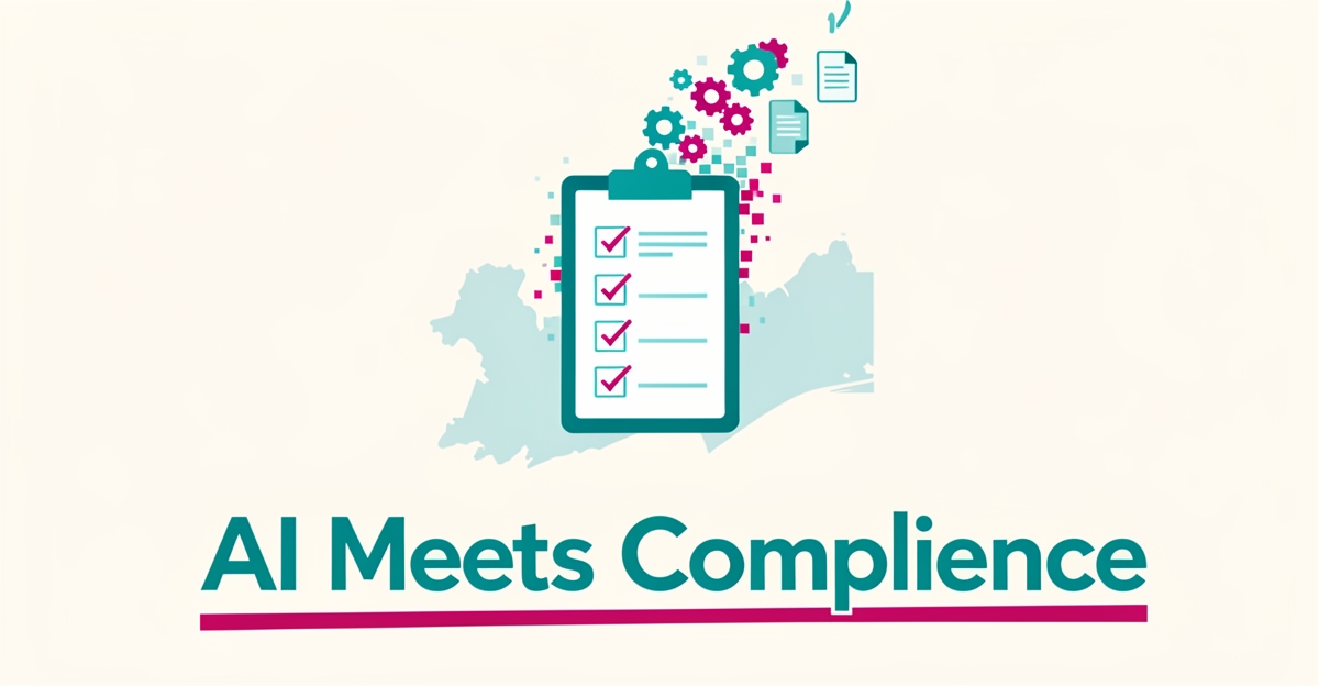 Flat illustration of a digital checklist and document icons over a Nova Scotia coastline, symbolizing AI-automated food safety compliance in teal and magenta.