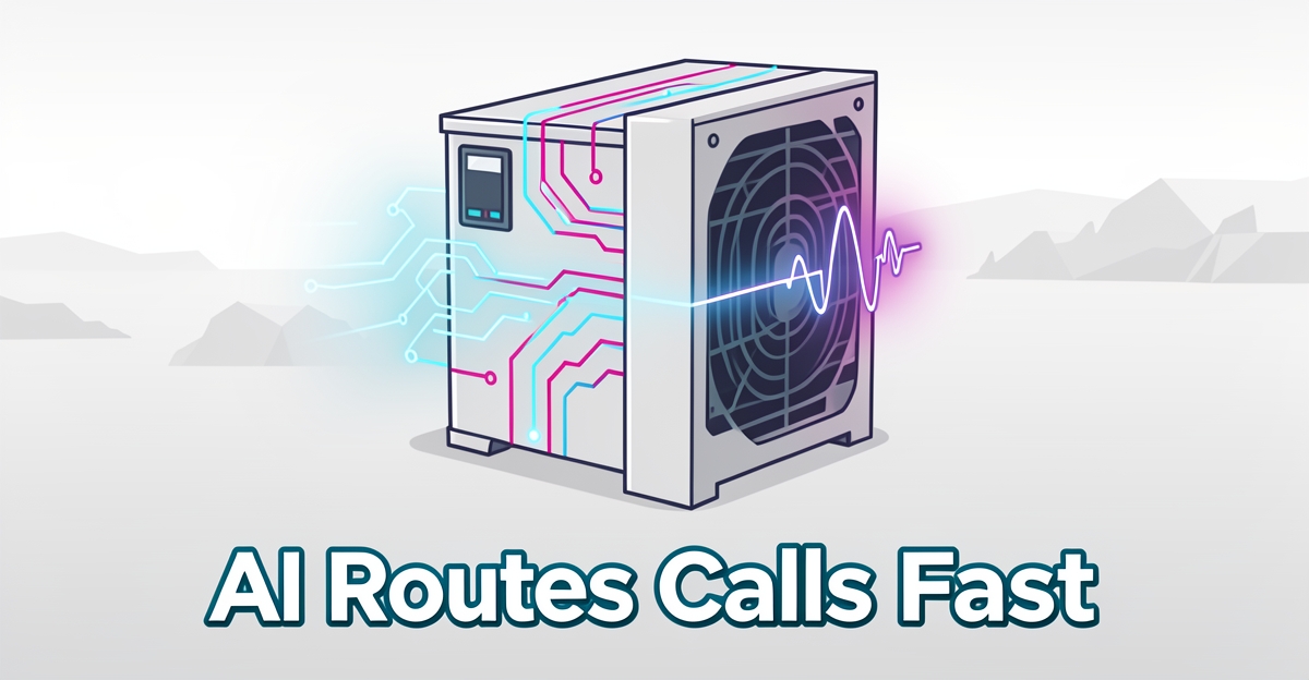 Modern flat illustration of an AI-enhanced HVAC system with glowing circuit lines and signal pulse, representing 24/7 emergency call automation for Nova Scotia businesses.