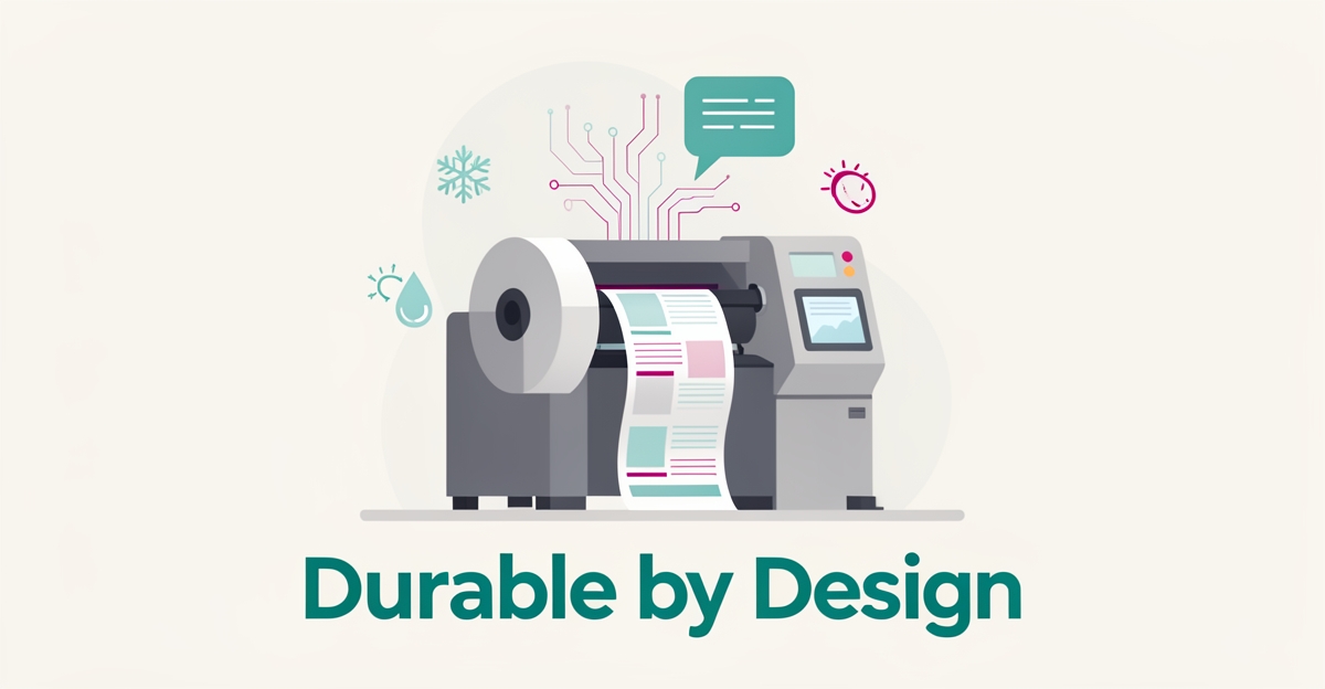 Flat illustration of a label printer with AI circuit motifs and climate icons, headed by the phrase Durable by Design.