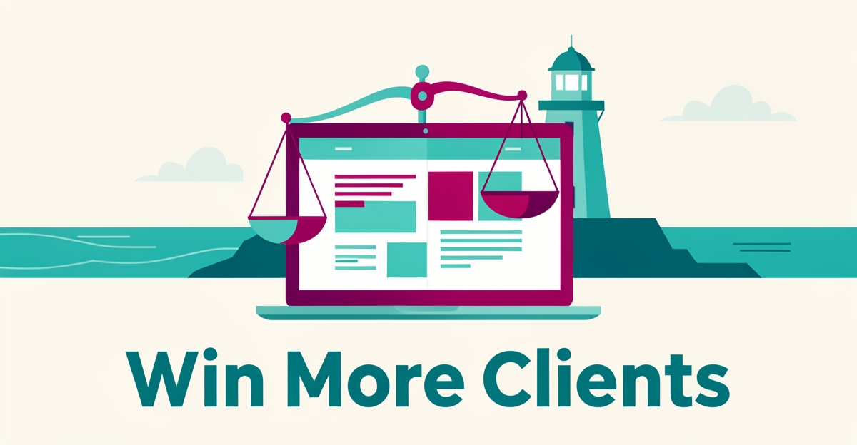 Flat illustration of scales of justice on a laptop with a lighthouse backdrop, symbolizing smart websites for Nova Scotia mediation firms.