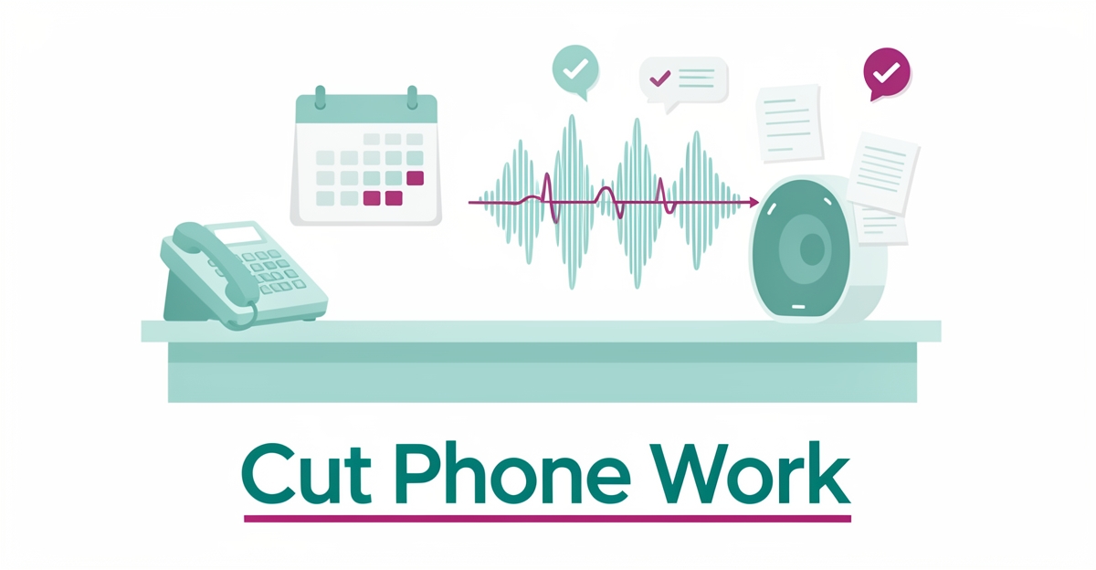 Flat illustration of a clinic desk with phone and AI voice waveform in teal and magenta, headline reading Cut Phone Work.