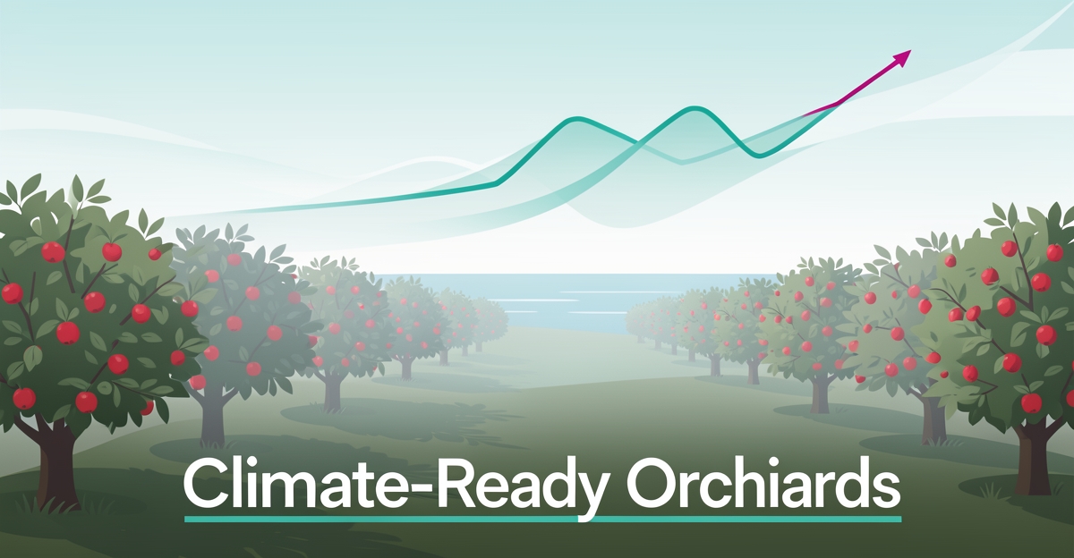 Flat illustration of a Nova Scotia apple orchard with frost mist and a rising climate data line, accented in teal and magenta.