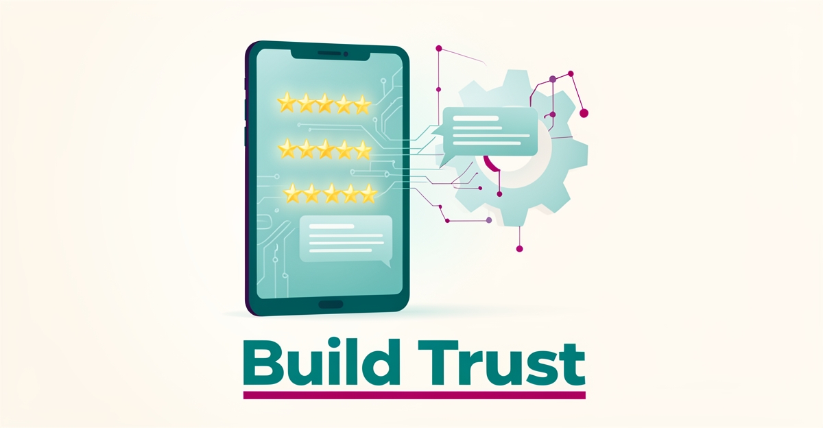 Flat illustration of a tablet with star ratings and AI-connected testimonial bubbles, headline reading Build Trust.