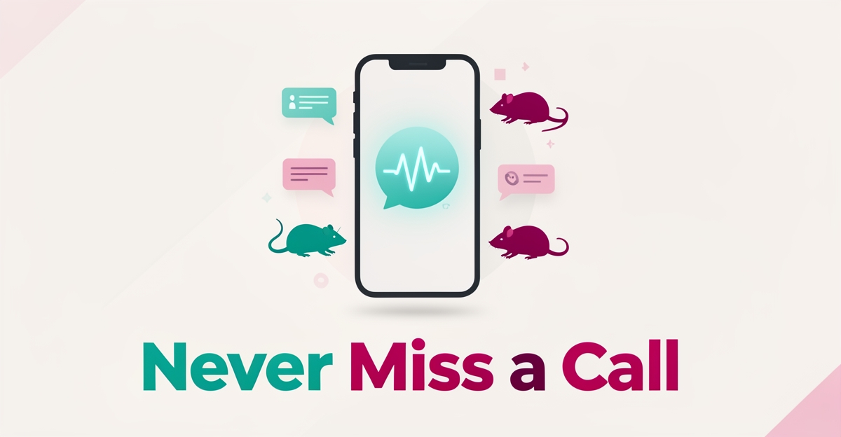 Flat illustration of a smartphone with an AI assistant icon recapturing missed calls, accented in teal and magenta, with headline Never Miss a Call.