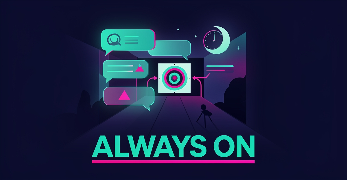 Flat illustration of a shooting range lane connected to glowing AI chat bubbles in teal and magenta, with the headline Always On.