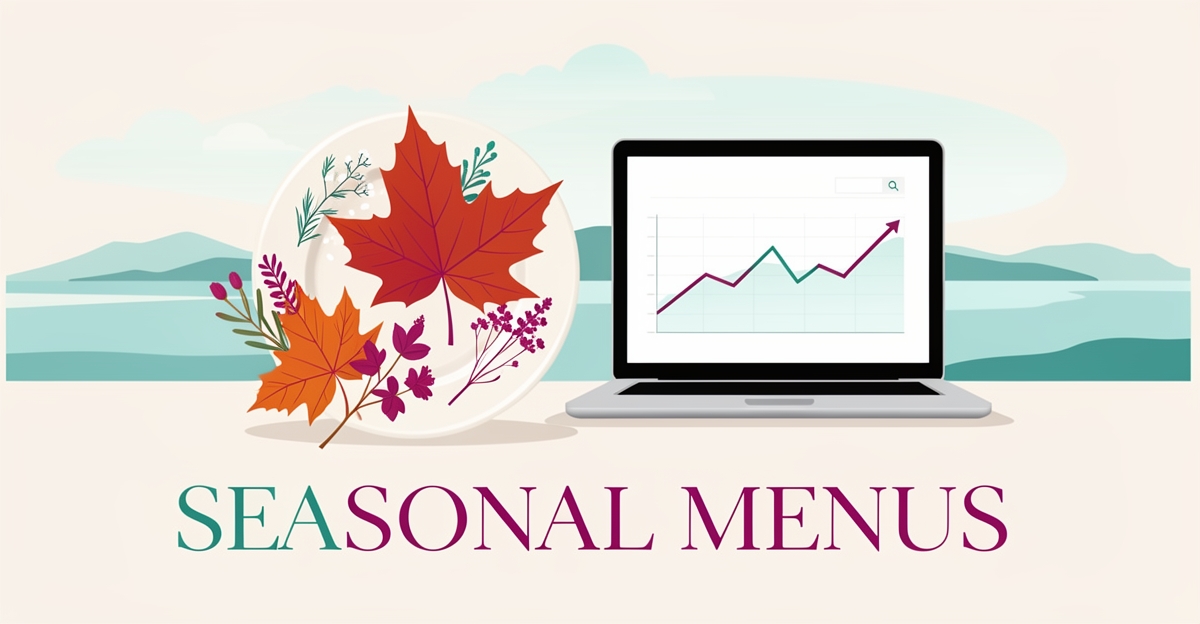 Flat illustration of a seasonal wedding menu with local botanicals beside a laptop showing rising SEO rankings, in teal and magenta brand accents.