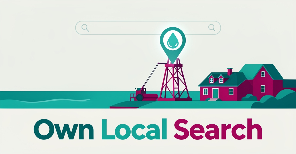 Flat illustration of a well drilling rig in a Nova Scotia coastal landscape with a glowing map pin, symbolizing local SEO visibility for well drilling companies.