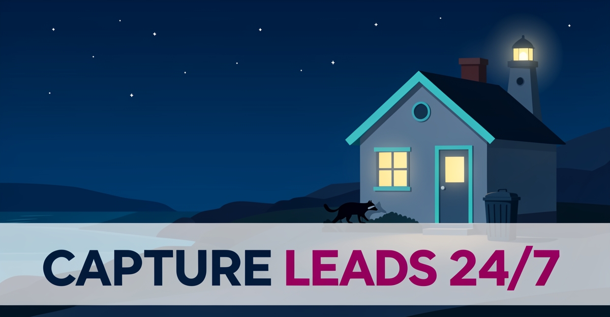A minimalist nighttime Nova Scotia coastal scene with a glowing cottage and raccoon, featuring the headline 'Capture Leads 24/7' in the lower third using brand accent colors, symbolizing AI-powered lead capture for wildlife removal services.