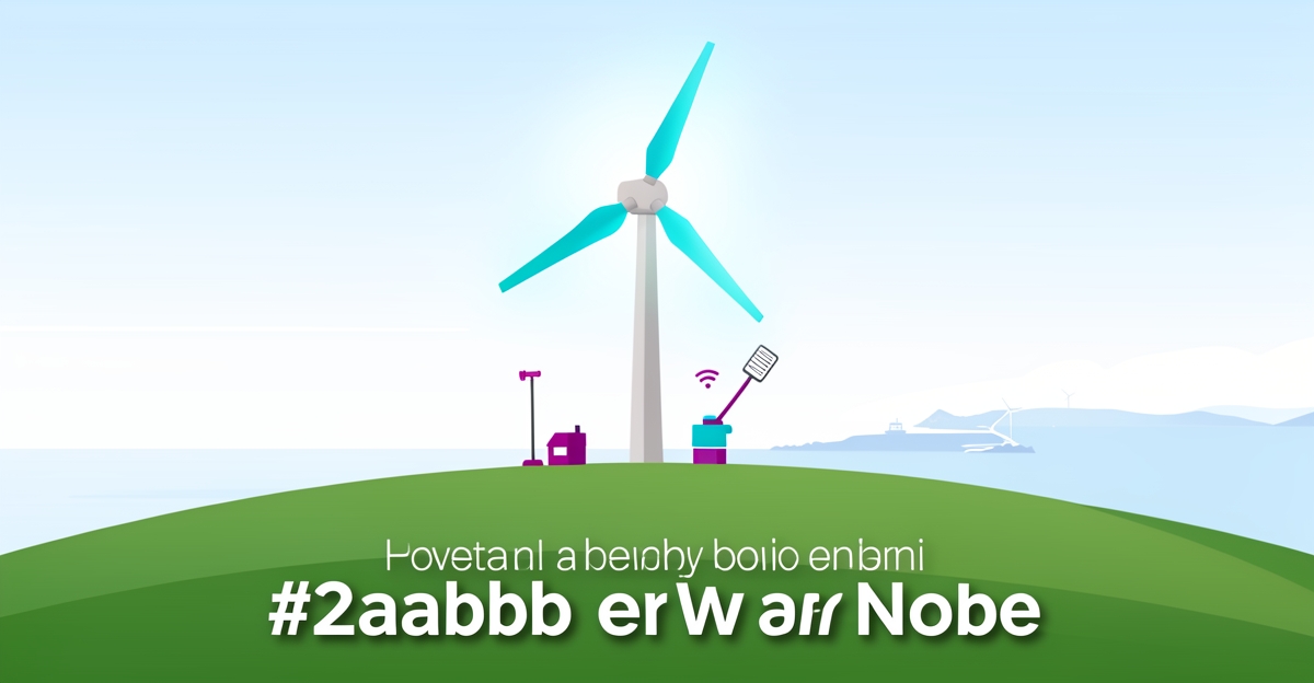 A minimalist flat illustration of a wind turbine on a hill with Nova Scotia coastline hints, featuring brand-colored accents and space for a headline in the lower third.