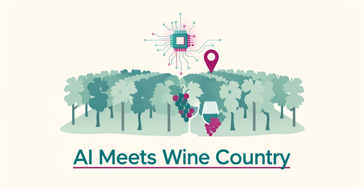 Flat illustration of a Nova Scotia vineyard with glowing AI circuit lines and a location pin, symbolizing AI-powered local SEO for wineries.