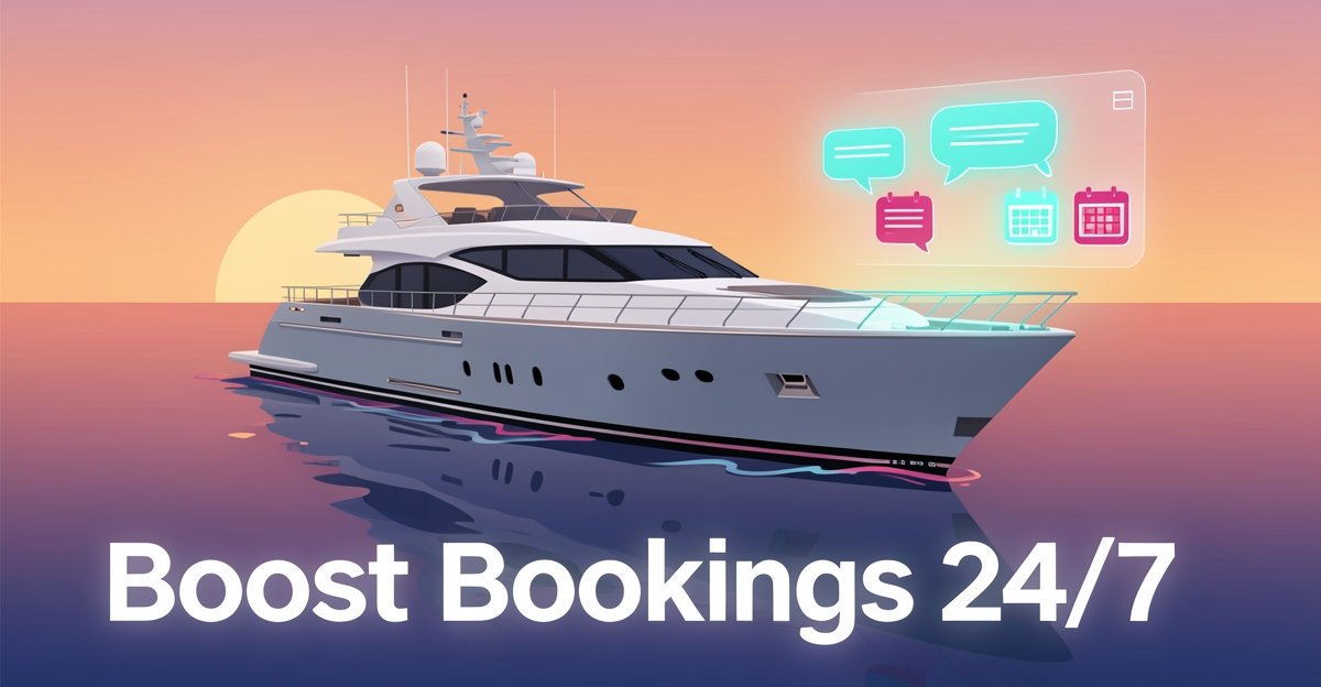 A luxury yacht sails at sunset with a subtle AI chatbot interface glowing near the bow, featuring brand-colored accents and the headline 'Boost Bookings 24/7' in the lower third.