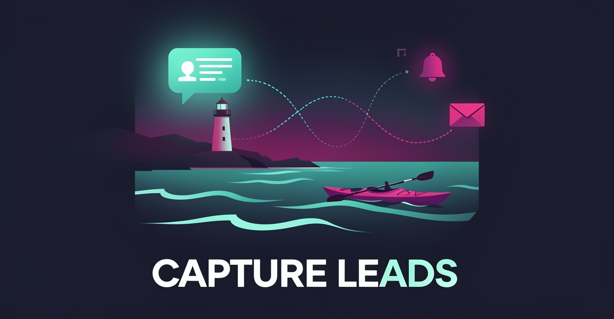 Flat illustration of a Nova Scotia coastline with kayak and lighthouse connected by glowing chat and follow-up icons in teal and magenta, headlined Capture Leads.