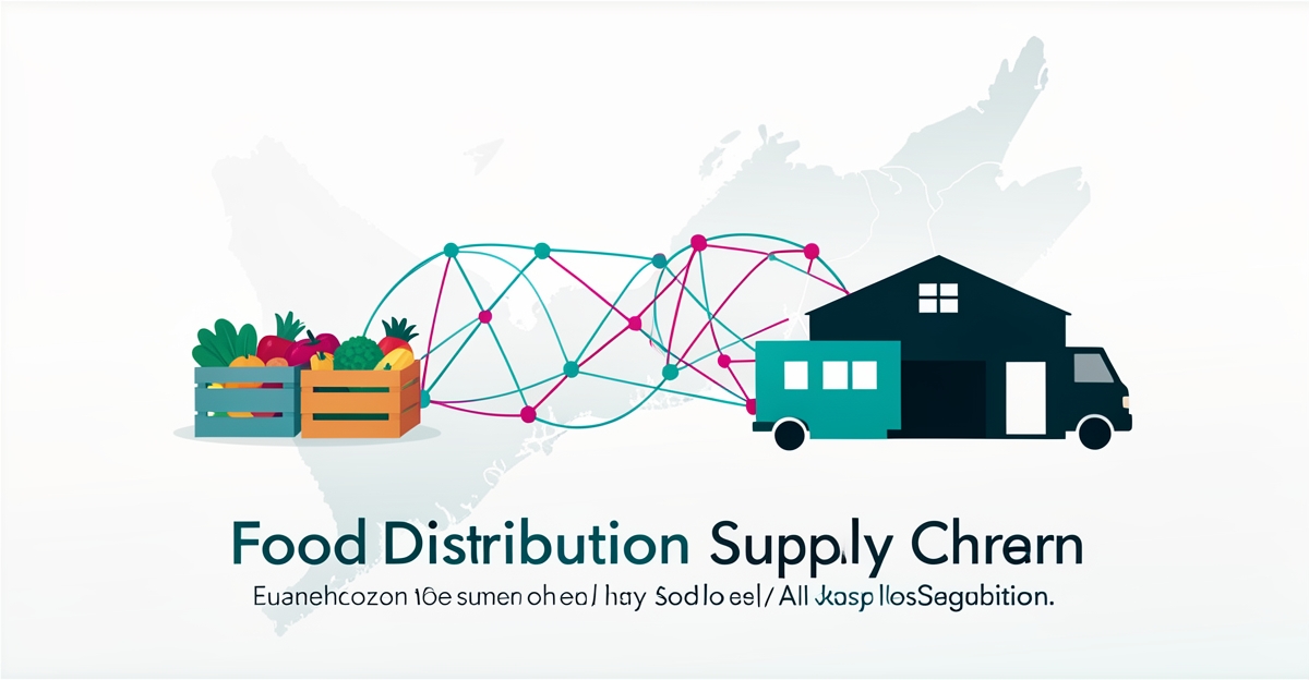 Flat illustration of Nova Scotia food distribution with produce crates, a delivery truck, and AI network lines in teal and magenta.