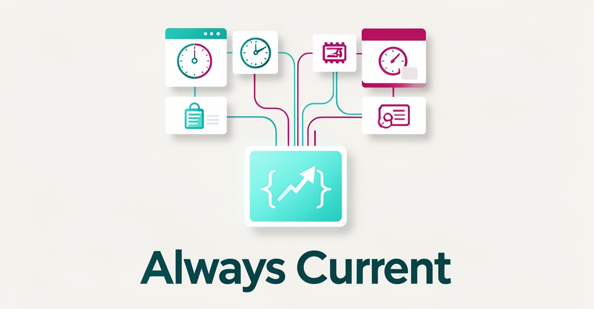 Flat illustration of an AI help desk dashboard syncing live service times with structured data to boost search rankings, accented in teal and magenta.