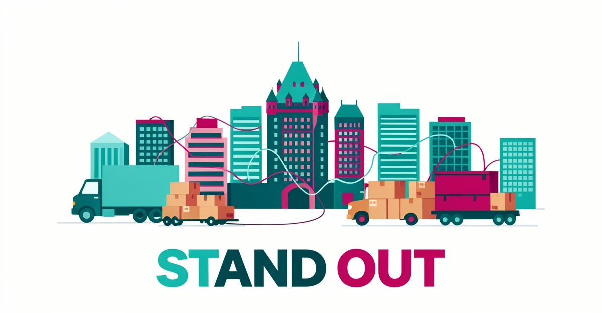 Flat illustration of Quebec City skyline with office relocation trucks and route lines in teal and magenta, headlined Stand Out.