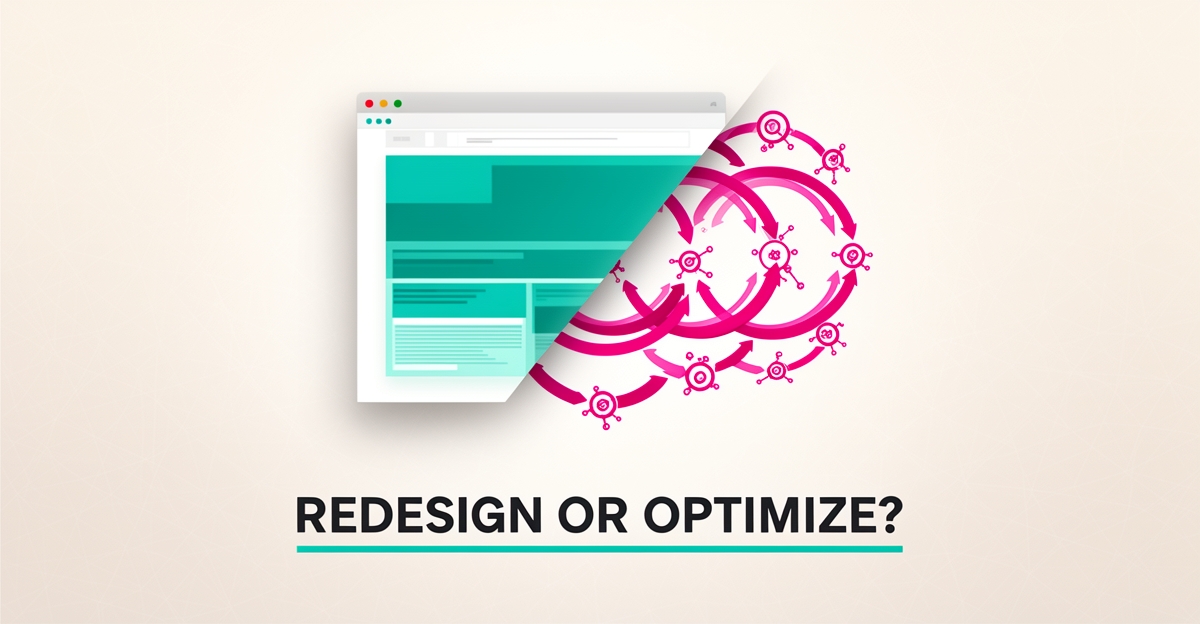 Flat illustration of a website window evolving through continuous optimization cycles, with headline about redesigning versus optimizing.