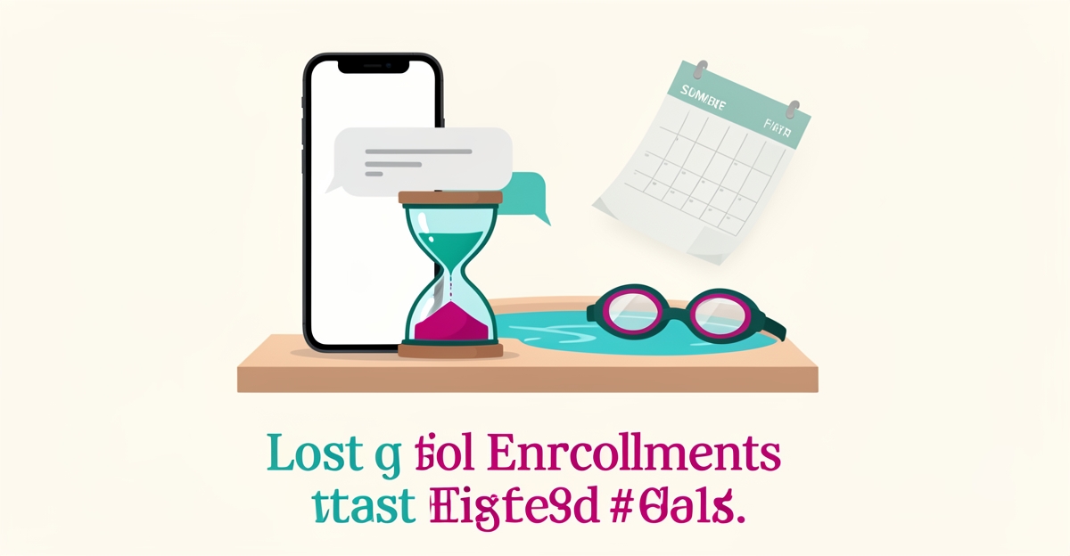 Flat illustration of an unanswered chat message beside an hourglass, symbolizing lost swim school enrollments, with teal and magenta accents.