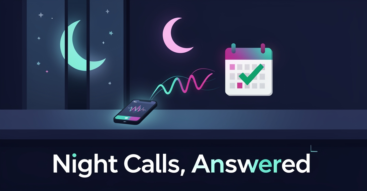 Flat illustration of a clinic desk at night with a smartphone call answered by an AI voice assistant booking an appointment.