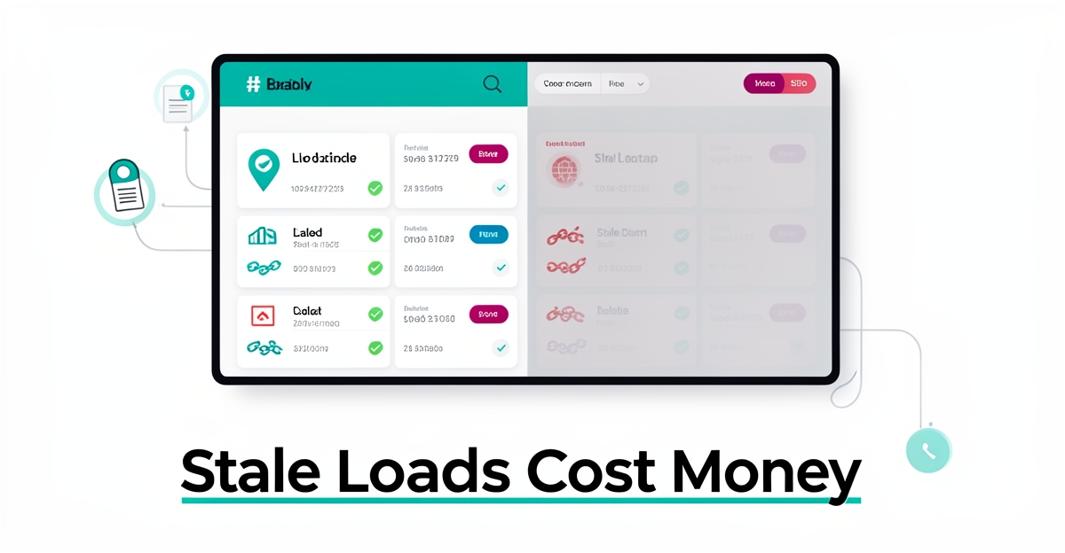 Digital trucking dashboard comparing live load data with outdated warnings, highlighting revenue loss from stale information.