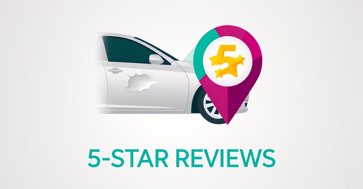 Flat illustration of a car dent being repaired beside a glowing five-star rating and location pin, symbolizing review-driven local leads.