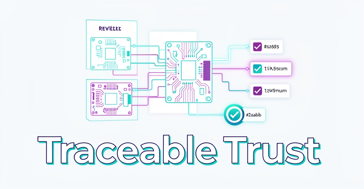 A minimalist flat illustration showing a PCB design approval trail with traceable review stages, using brand colors as accents, conveying transparency and trust in engineering workflows.