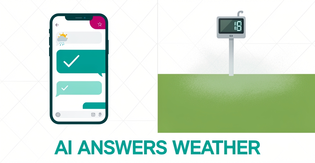 Smartphone chat showing AI weather advice for pest treatment with lawn background and brand color accents.