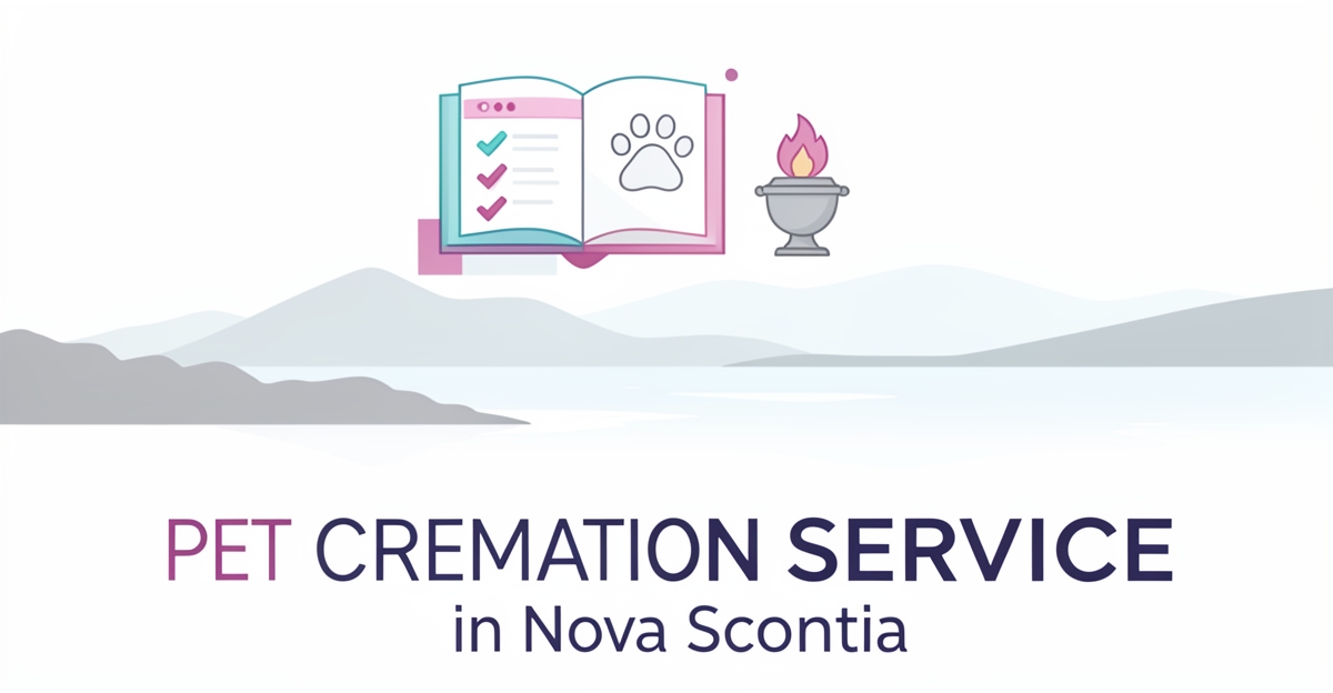 Flat illustration of Nova Scotia landscape with paw print and service page icons symbolizing transparent pet cremation trust.
