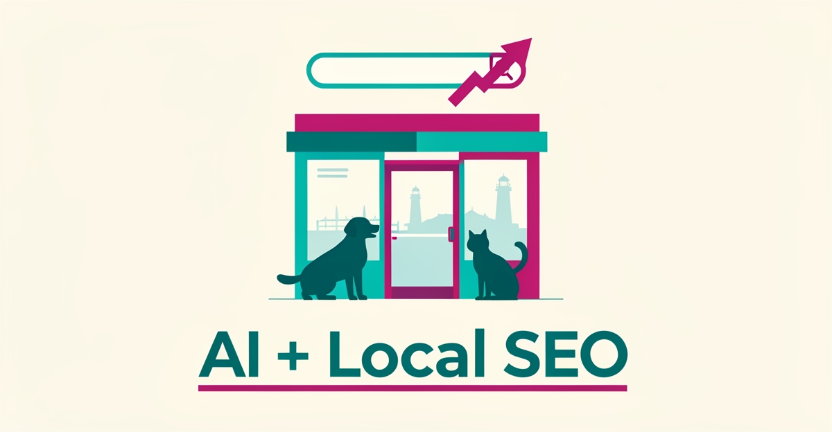 Flat illustration of a Halifax pet store with a dog, cat, and search analytics icons in teal and magenta, titled AI + Local SEO.