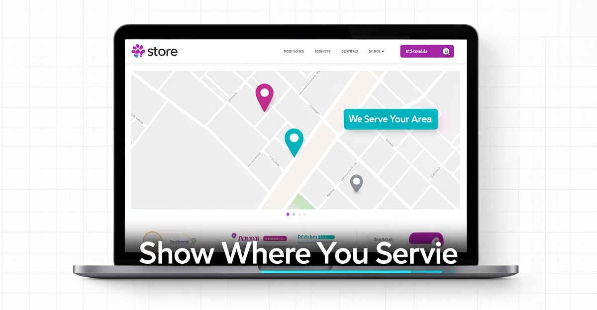A modern flat illustration of a pet store website displaying a clear service area map with location pins and a headline urging visitors to see where the store serves, optimized for local trust and conversions.