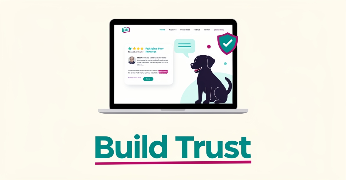 Flat illustration of a pet care website with a five-star testimonial card, dog silhouette, and trust shield in teal and magenta.