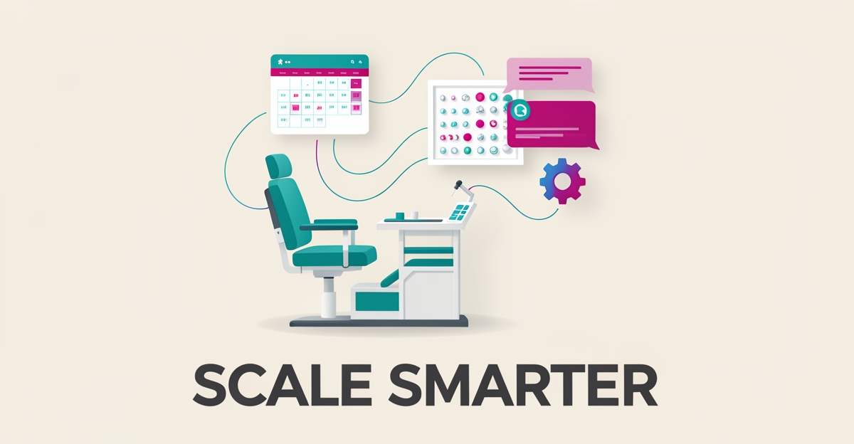 Flat illustration of a piercing studio station with AI automation icons in teal and magenta, headlined Scale Smarter.