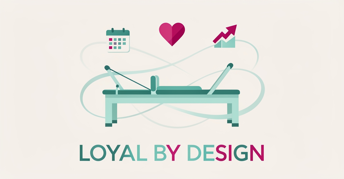 Flat illustration of a Pilates reformer with automation icons and headline reading Loyal by Design.