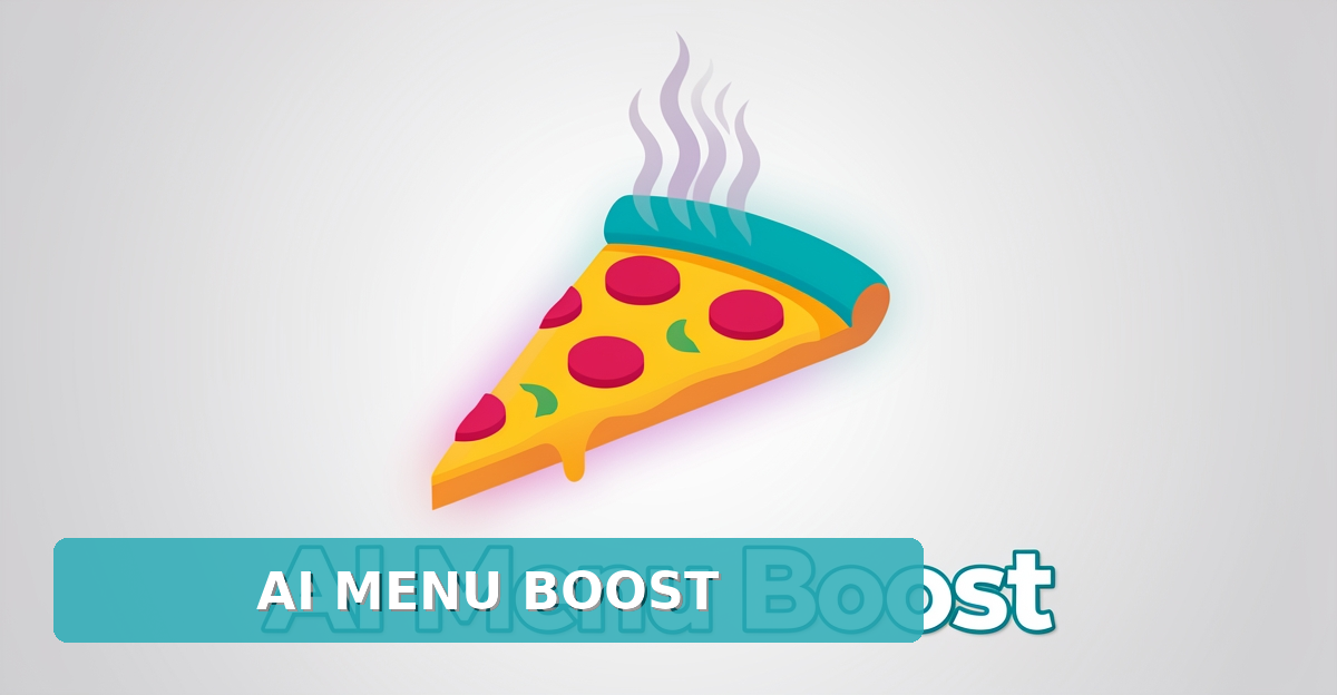 A minimalist flat illustration of a pizza slice with AI-suggested steam text, featuring brand colors and the headline 'AI Menu Boost' in the lower third for local SEO concept.