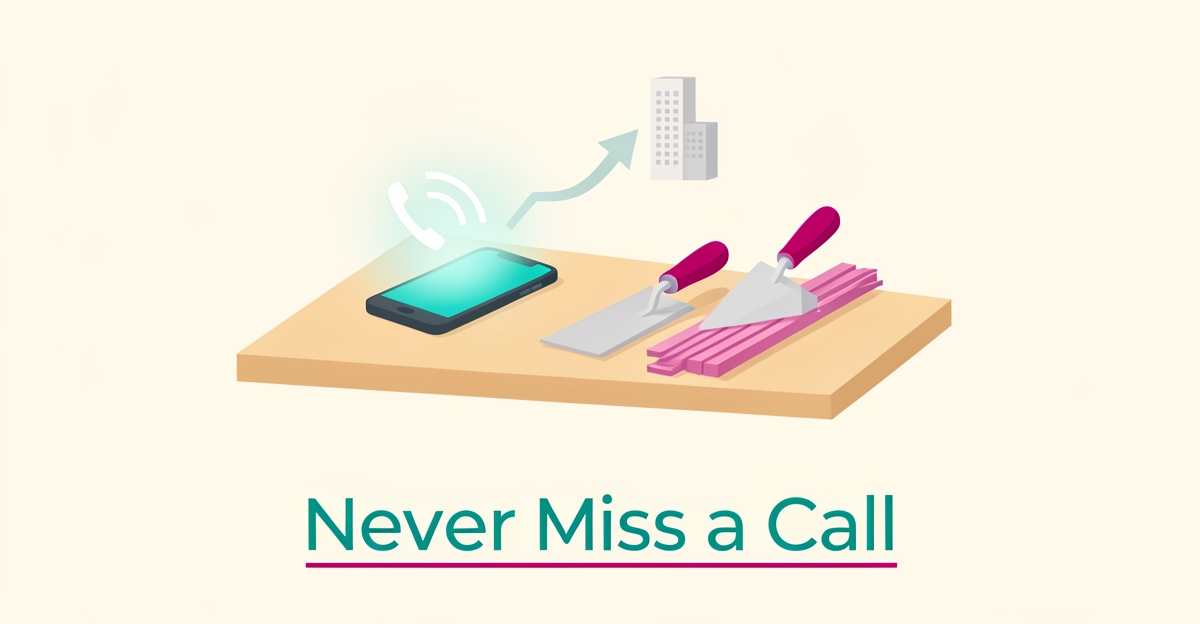 Flat illustration of a smartphone and plastering tools with a glowing call arrow, headline reading Never Miss a Call.