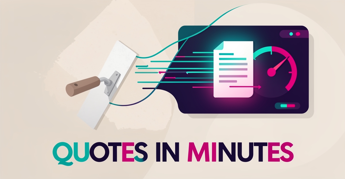 Flat illustration of a plastering trowel and digital document with teal and magenta accents symbolizing AI-generated instant quotes.