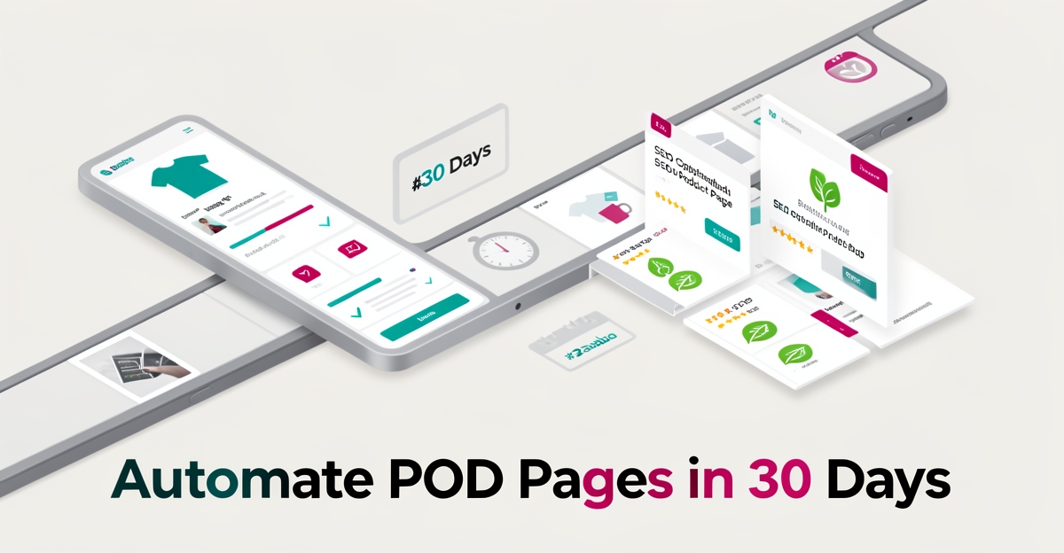 Flat illustration showing AI automation transforming POD products into optimized sample pages with 30-day timeline and brand color accents.
