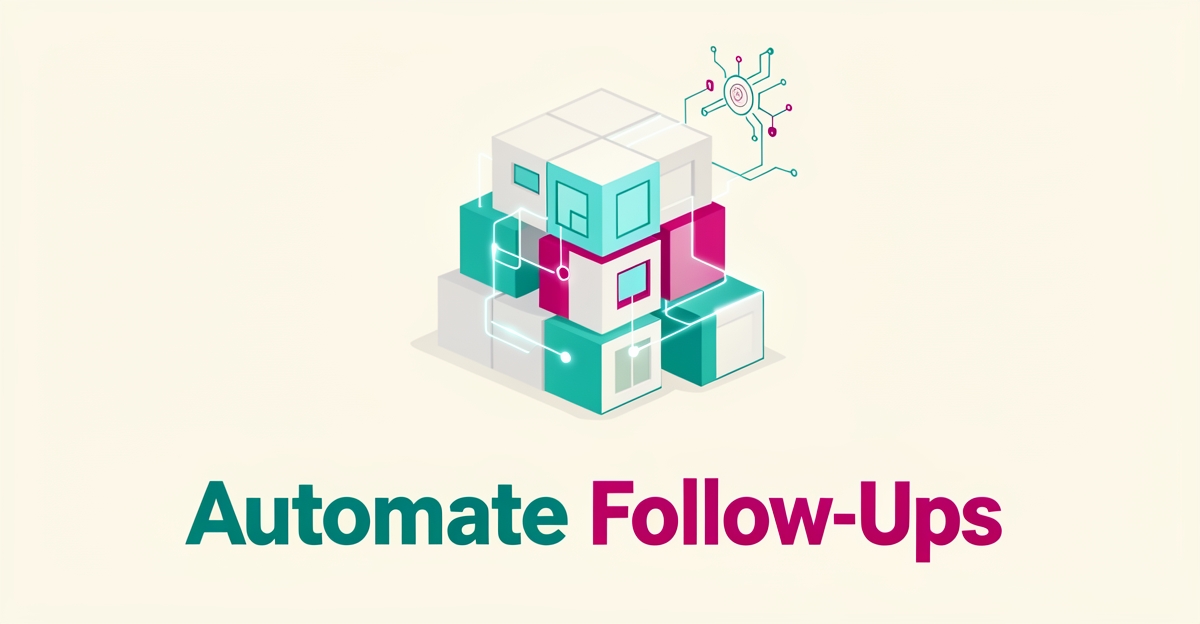 Minimalist flat illustration of modular prefab building blocks connected by glowing automation lines with headline reading Automate Follow-Ups.