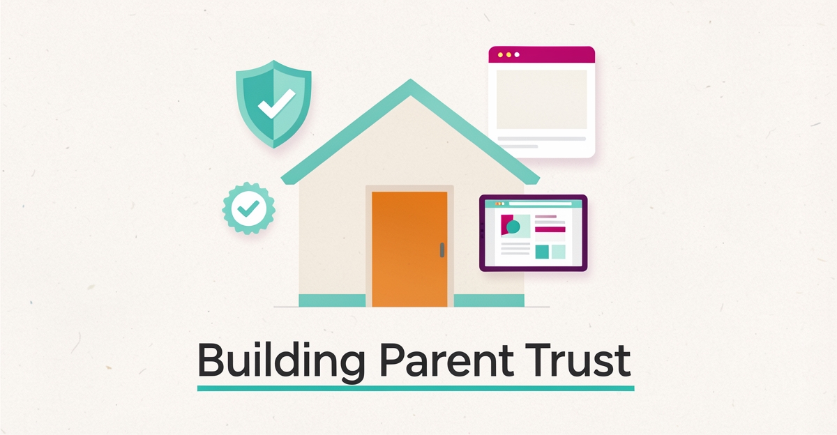 Flat illustration of a preschool building with trust icons like shields and checkmarks in teal and magenta, titled Building Parent Trust.