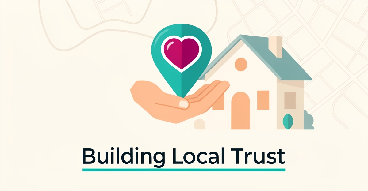 Flat illustration of hands holding a heart-shaped location pin over a neighborhood, symbolizing local nursing care and community trust.