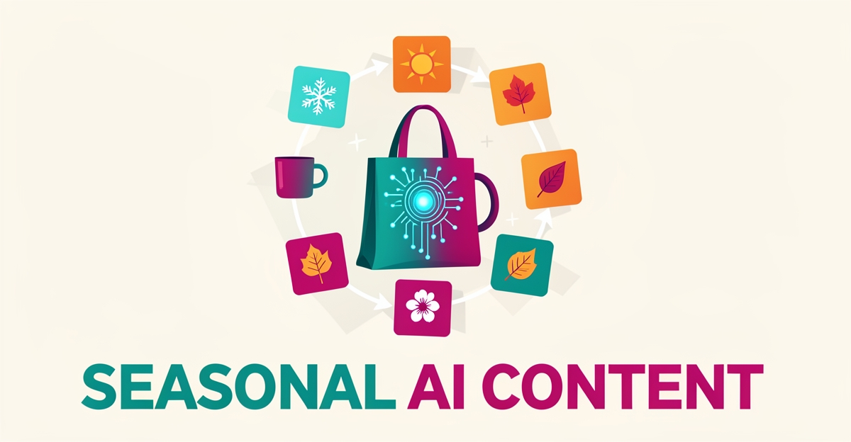 Flat illustration of promotional products surrounded by seasonal icons cycling around an AI node, with a teal and magenta headline.