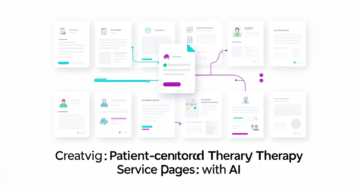 Flat illustration of AI generating multiple patient-centered therapy service pages with brand accent colors.