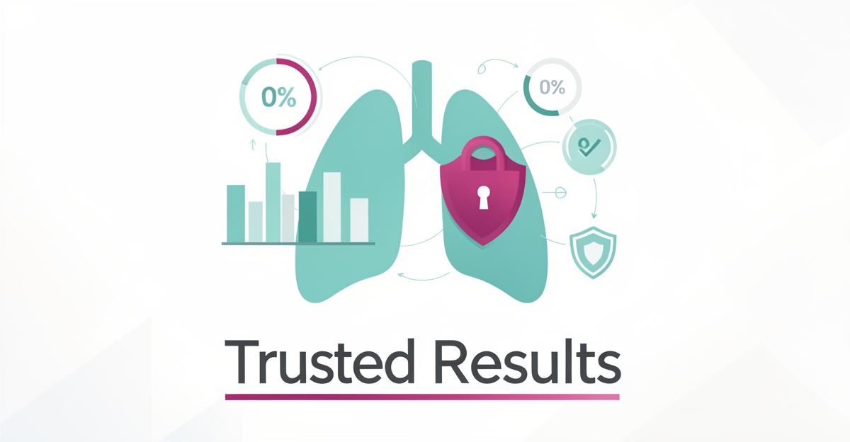 Flat illustration of lungs surrounded by anonymized data charts and a privacy shield, symbolizing HIPAA-safe patient results for pulmonology practices.